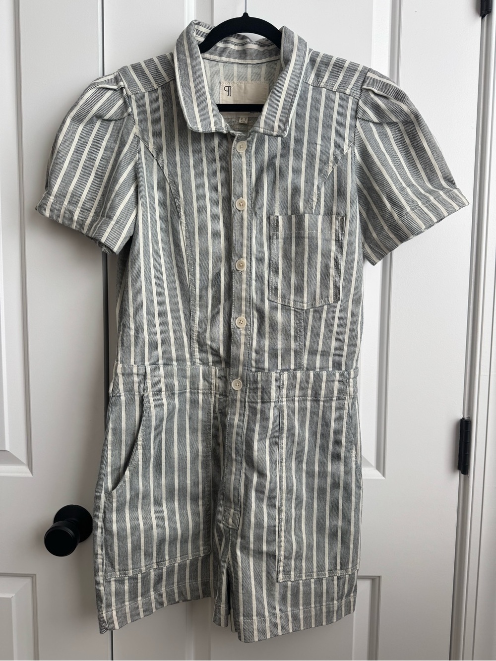 NWT Anthropologie Pilcro Striped Denim Puff Sleeve Kit Utility Romper 14